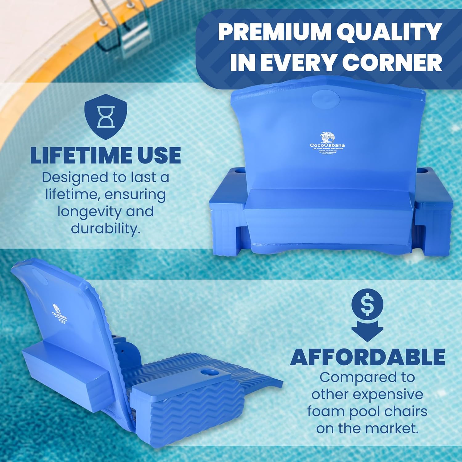 Cococabana Paradise Foam Pool Chair – foam pool chair, vinyl‑coated lounger, reclined back with headrest, luxury