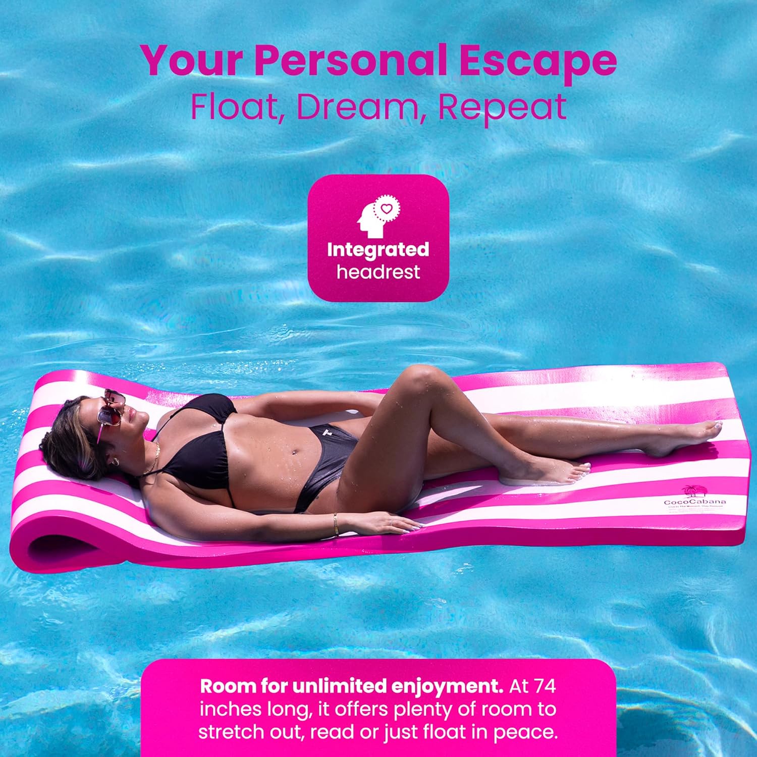 Cococabana Cococabana Foam Pool Float 74” – 74” foam pool float, vinyl‑coated, with headrest, pink stripes, ergonomic