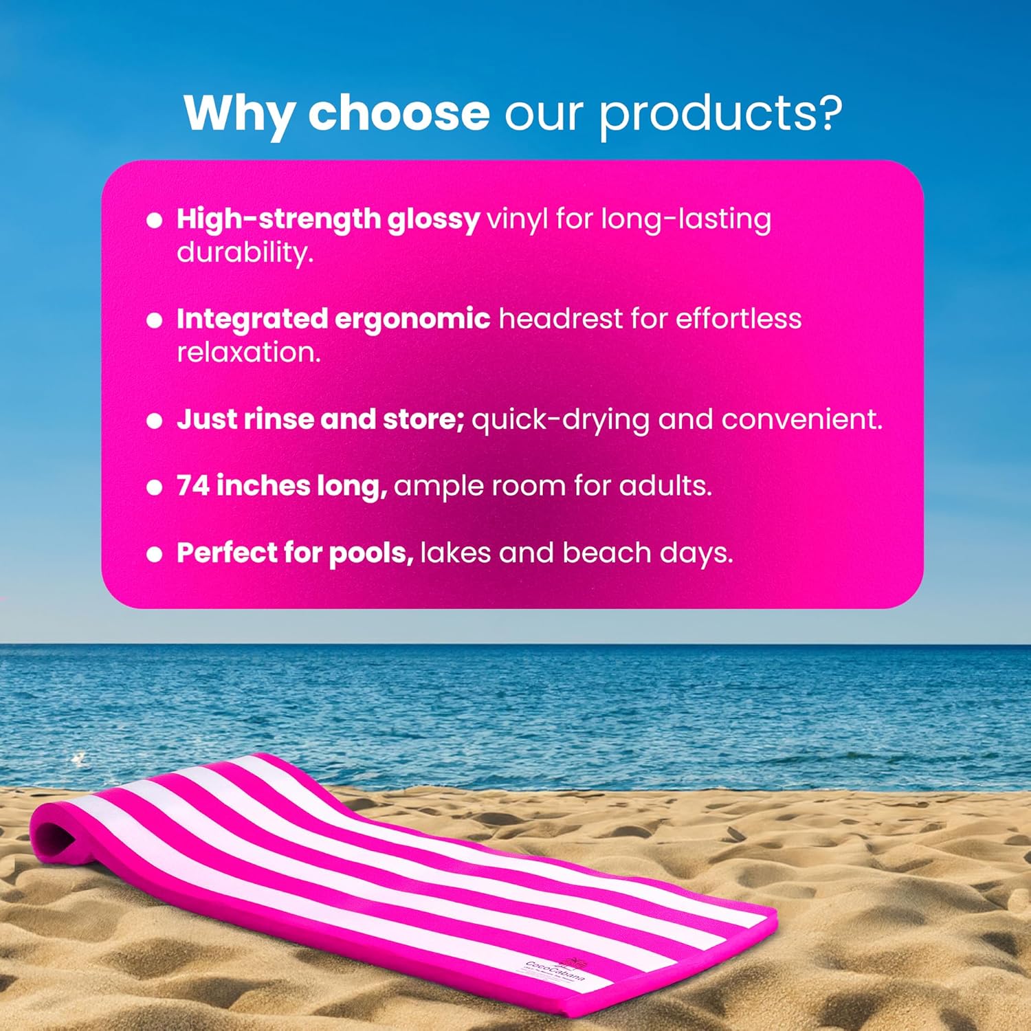 Cococabana Cococabana Foam Pool Float 74” – 74” foam pool float, vinyl‑coated, with headrest, pink stripes, premium