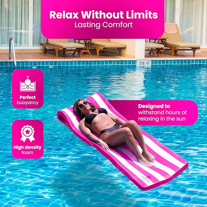 Cococabana Cococabana Foam Pool Float 74” – 74” foam pool float, vinyl‑coated, with headrest, pink stripes