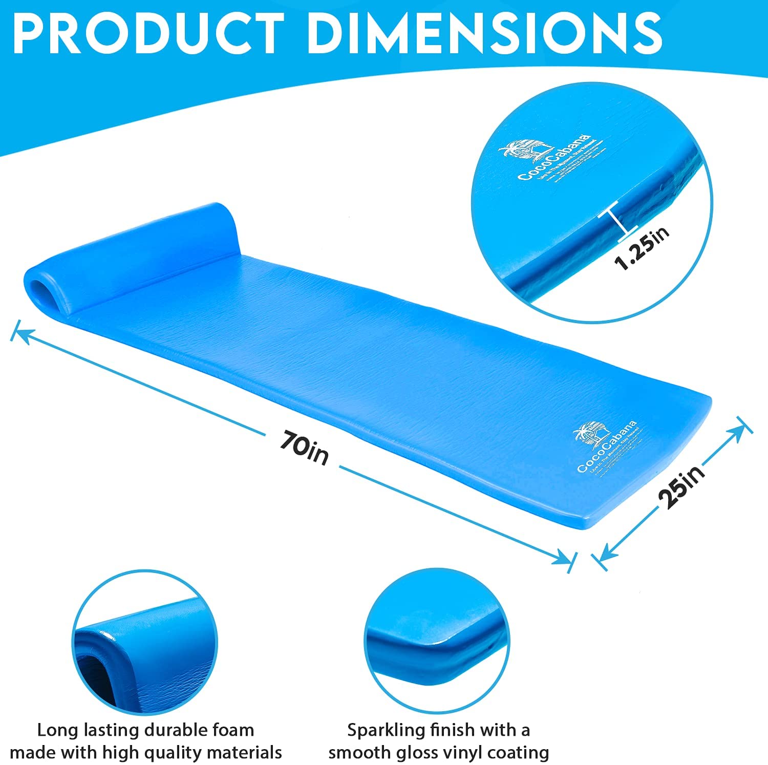 Cococabana Cococabana 70” Foam Pool Float – 70” foam pool float, vinyl‑coated, with headrest, pacific blue, premium, durable